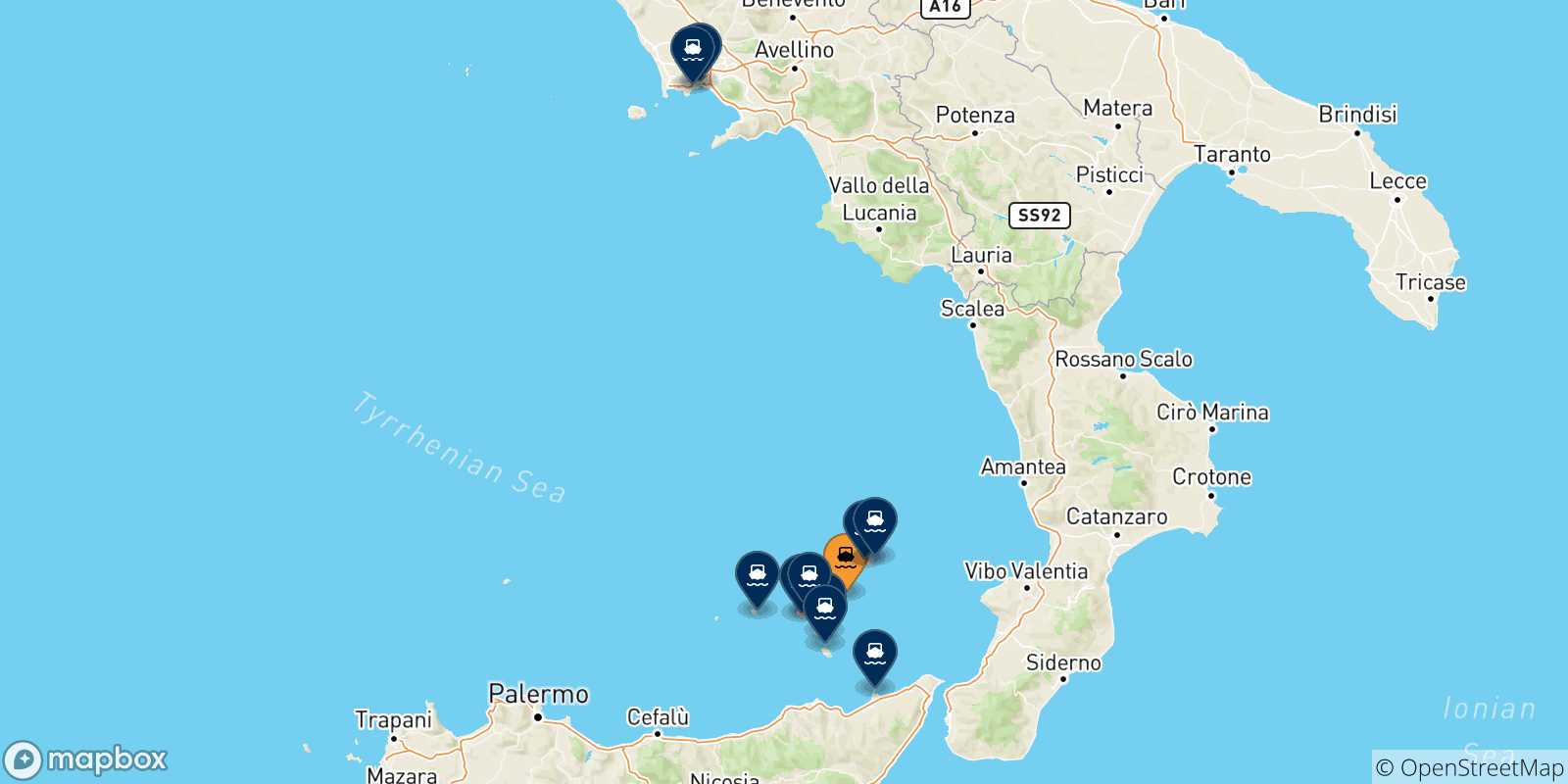 Carte des traversées possibles entre Panarea et l'Italie