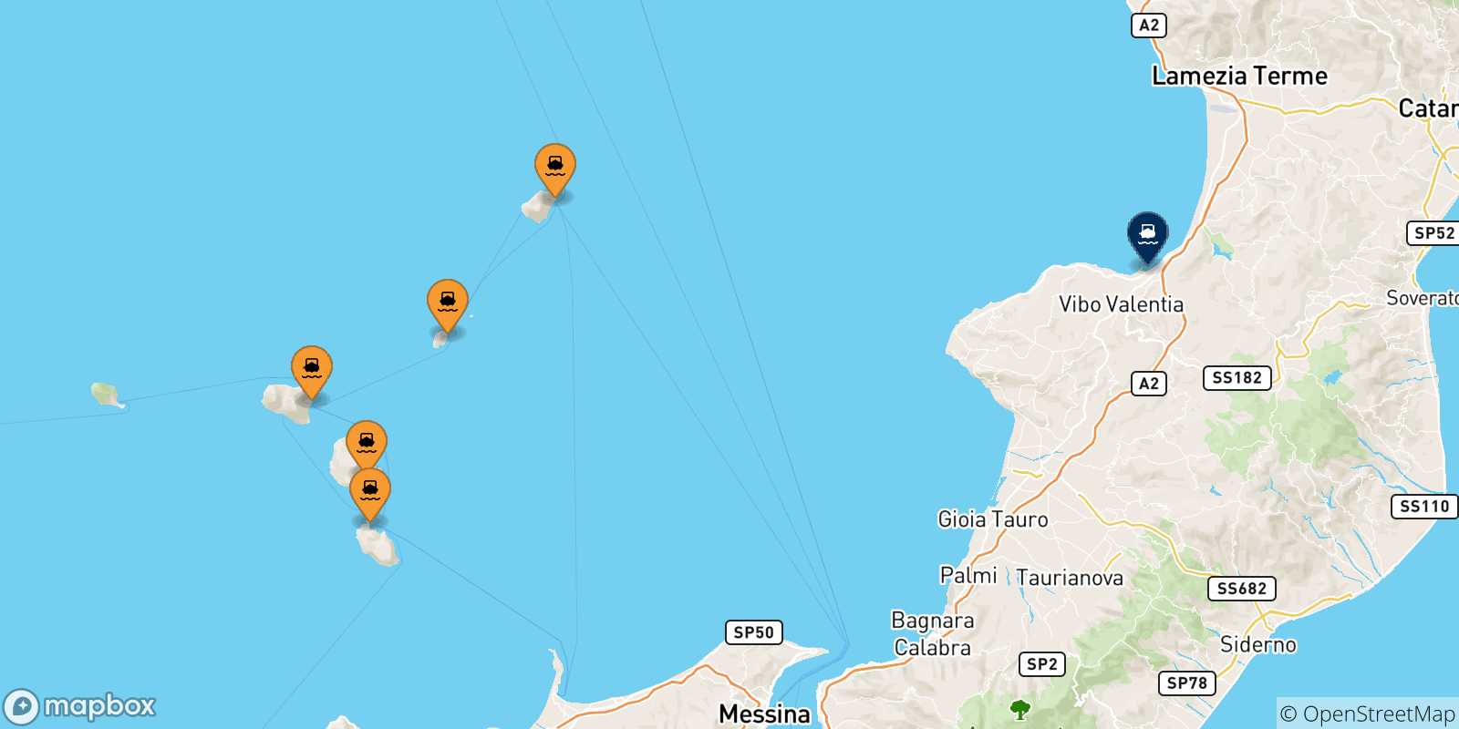 Carte des traversées possibles entre les Îles Éoliennes et Vibo Valentia