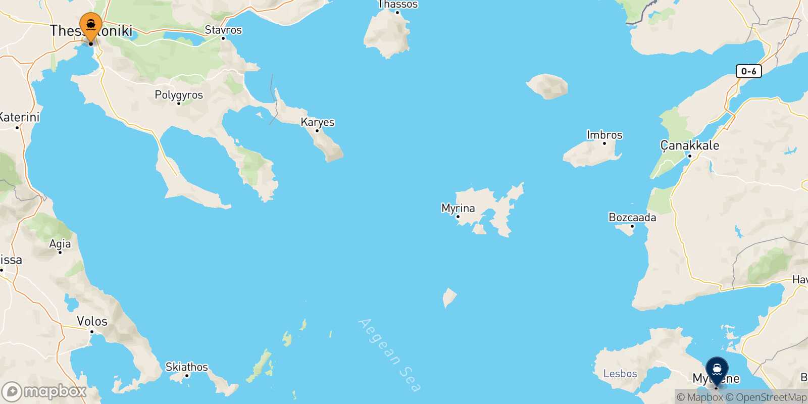 Carte des traverséesThessalonique Mytilene (Lesvos)