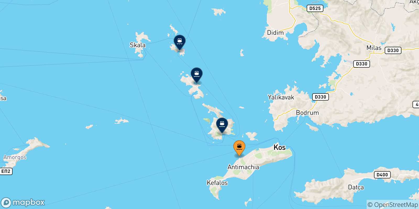 Carte des traversées possibles entre Mastihari (Kos) et la Grèce