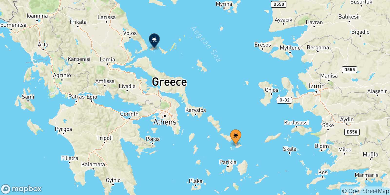 Carte des traversées possibles entre Mykonos et les Îles Sporades
