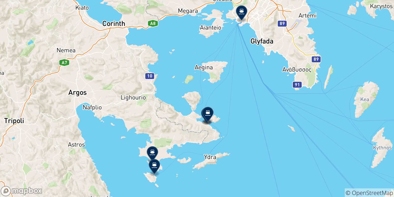 Carte des traversées possibles entre Hydra et la Grèce