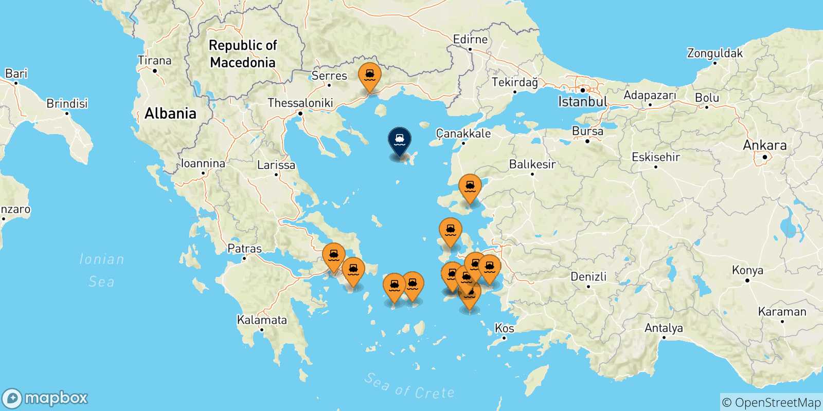 Carte des traversées possibles entre la Grèce et Myrina (Limnos)