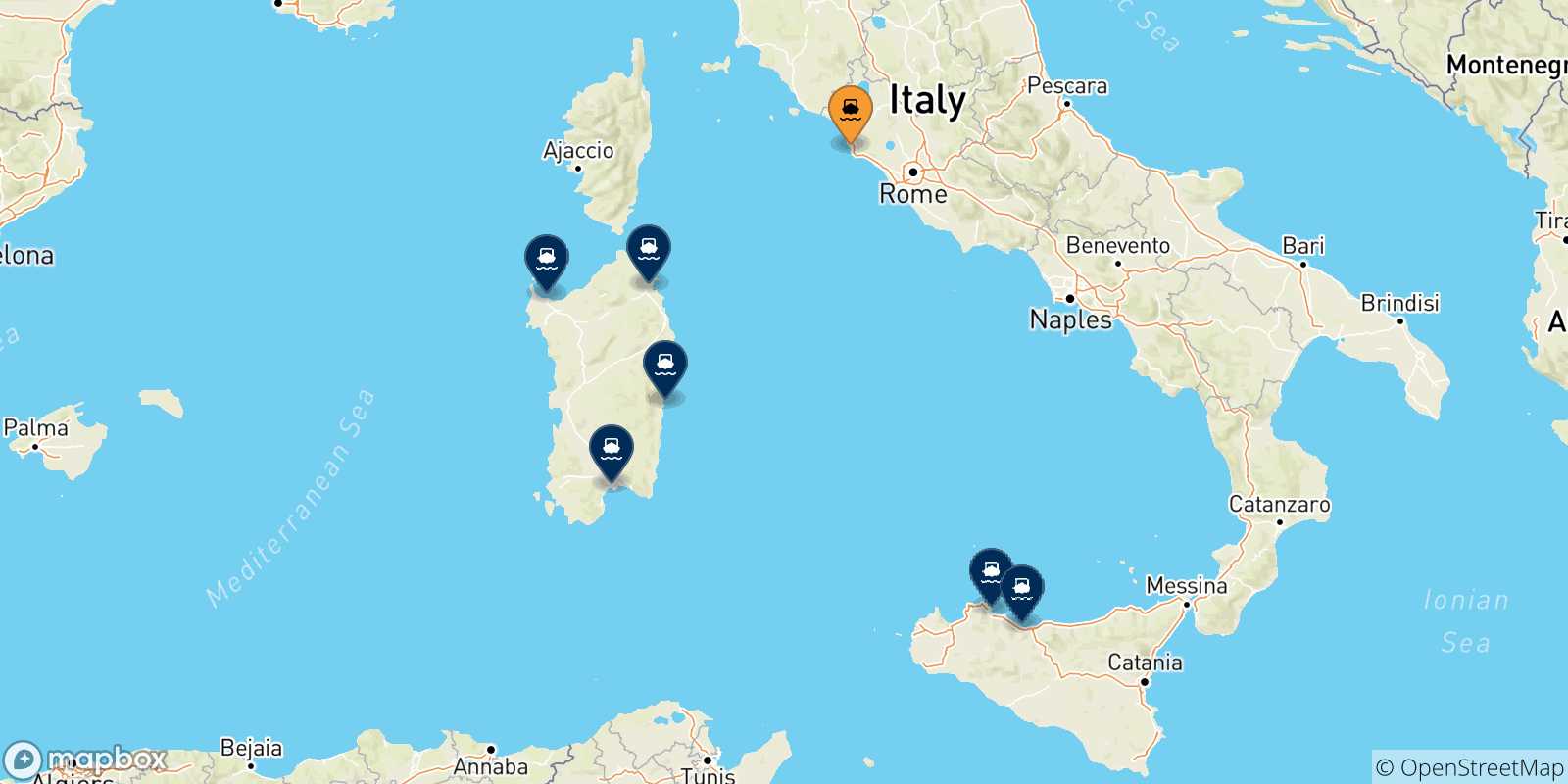 Carte des traversées possibles entre Civitavecchia et l'Italie