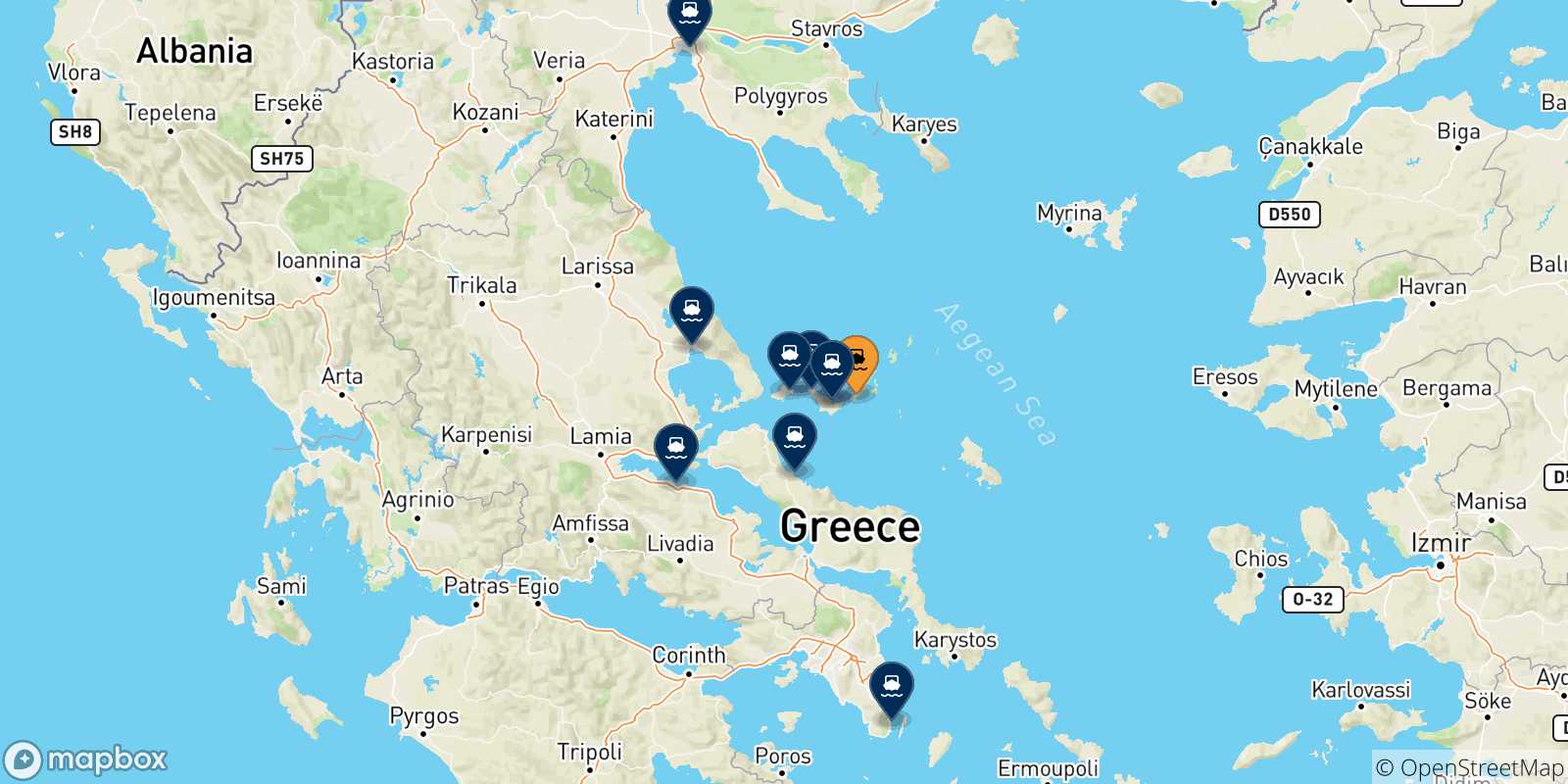 Carte des traversées possibles entre Alonissos et la Grèce