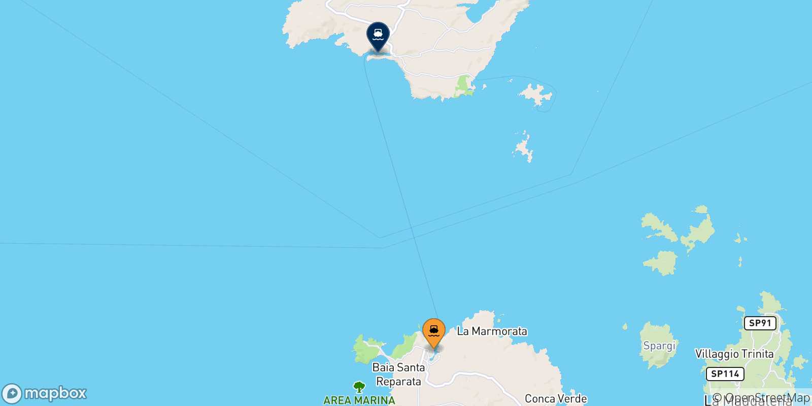 Carte des traversées possibles entre Santa Teresa De Gallura et la Corse