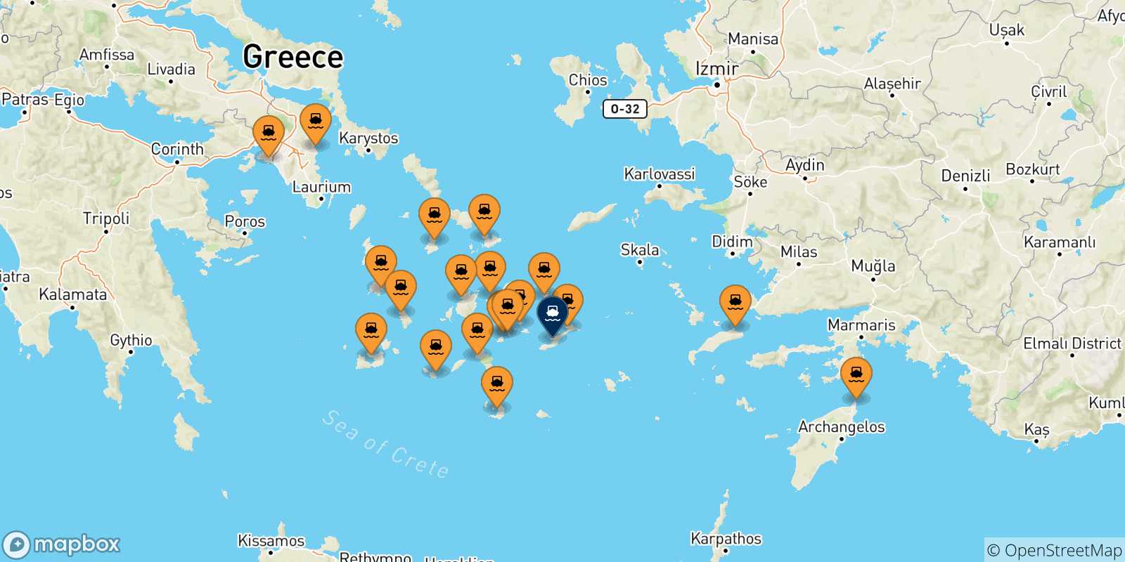 Carte des traversées possibles entre la Grèce et Katapola (Amorgos)