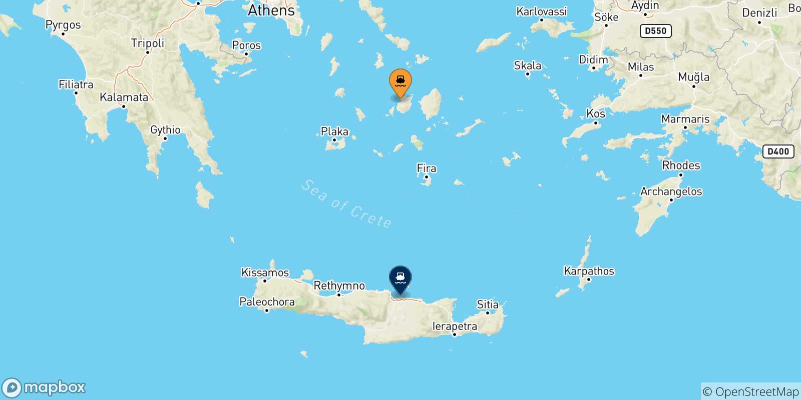 Carte des traversées possibles entre Paros et la Crète