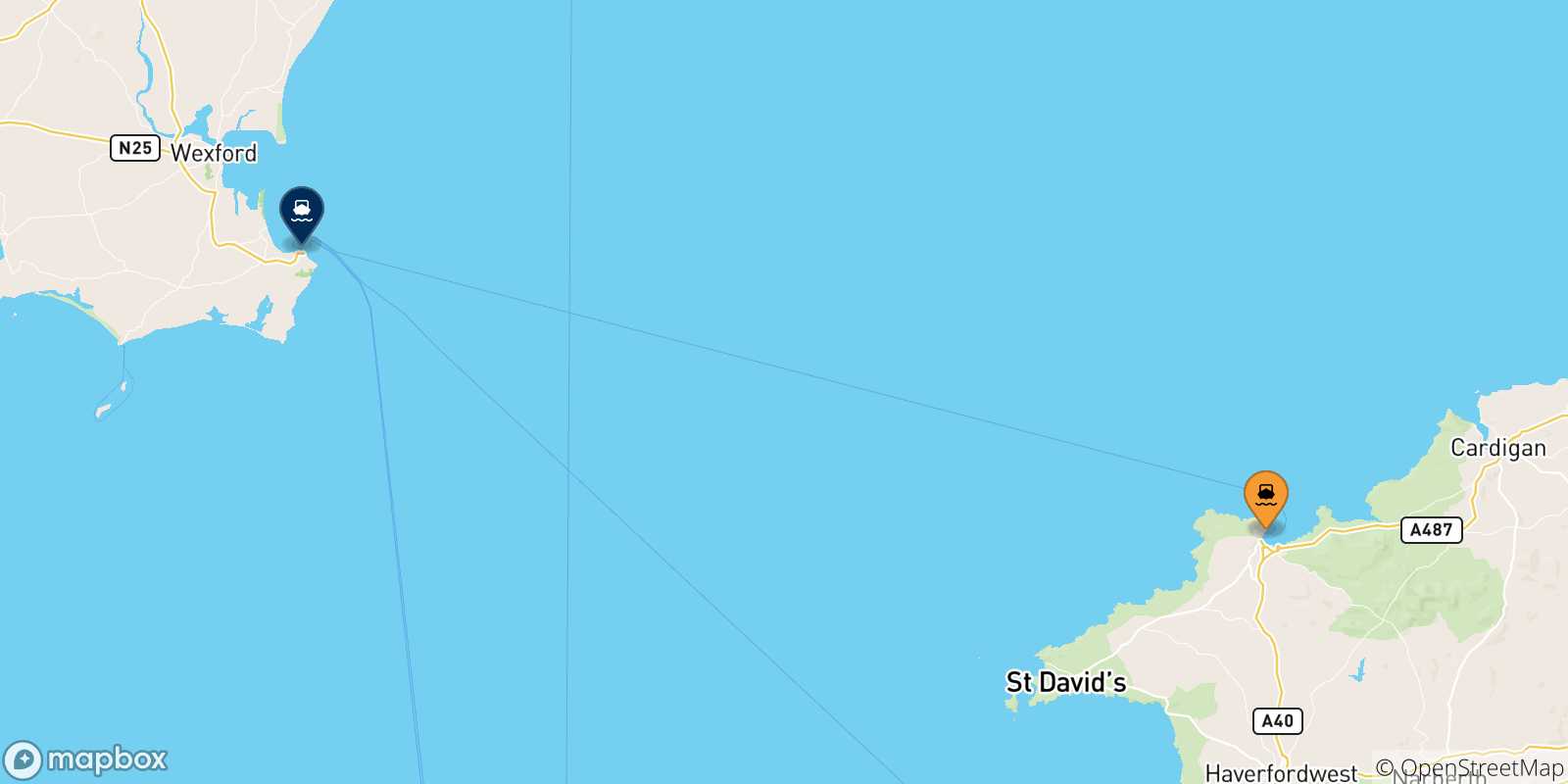 Carte des traversées possibles entre Fishguard et Irlande