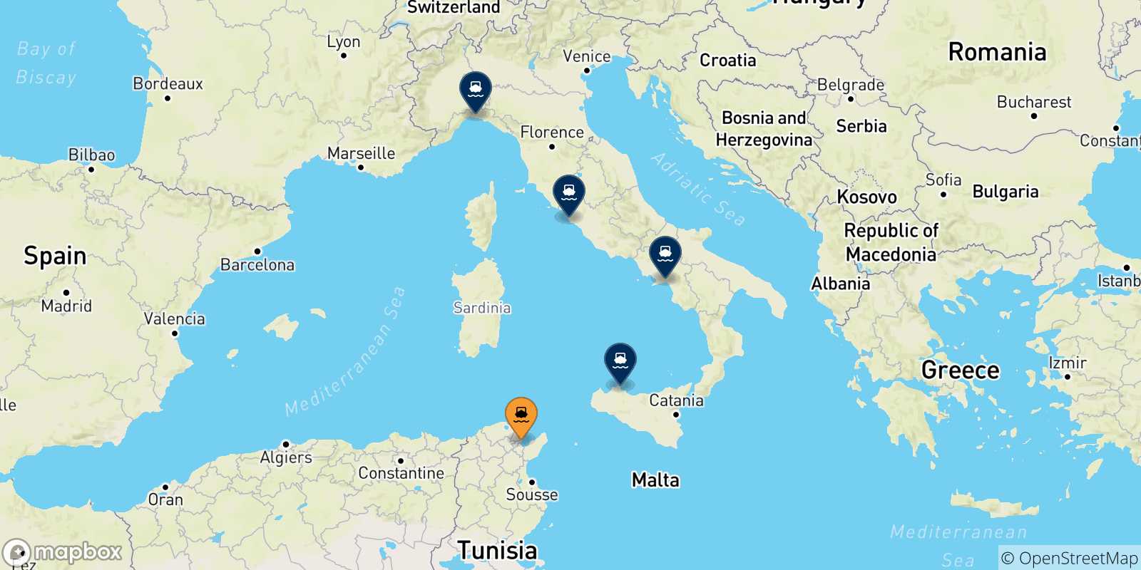 Carte des traversées possibles entre la Tunisie et l'Italie
