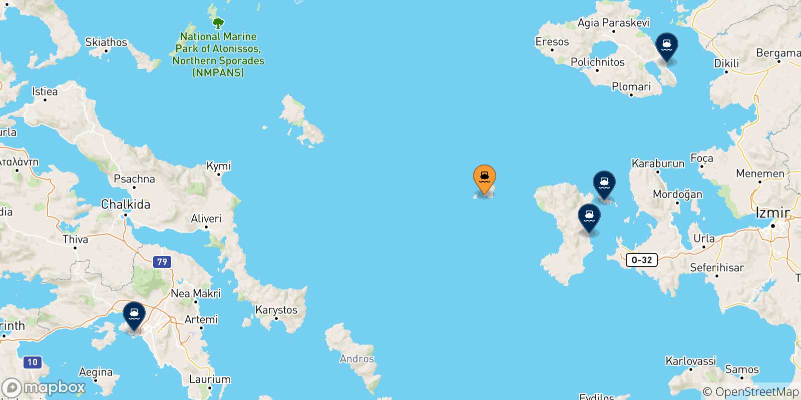 Carte des traversées possibles entre Psara et la Grèce