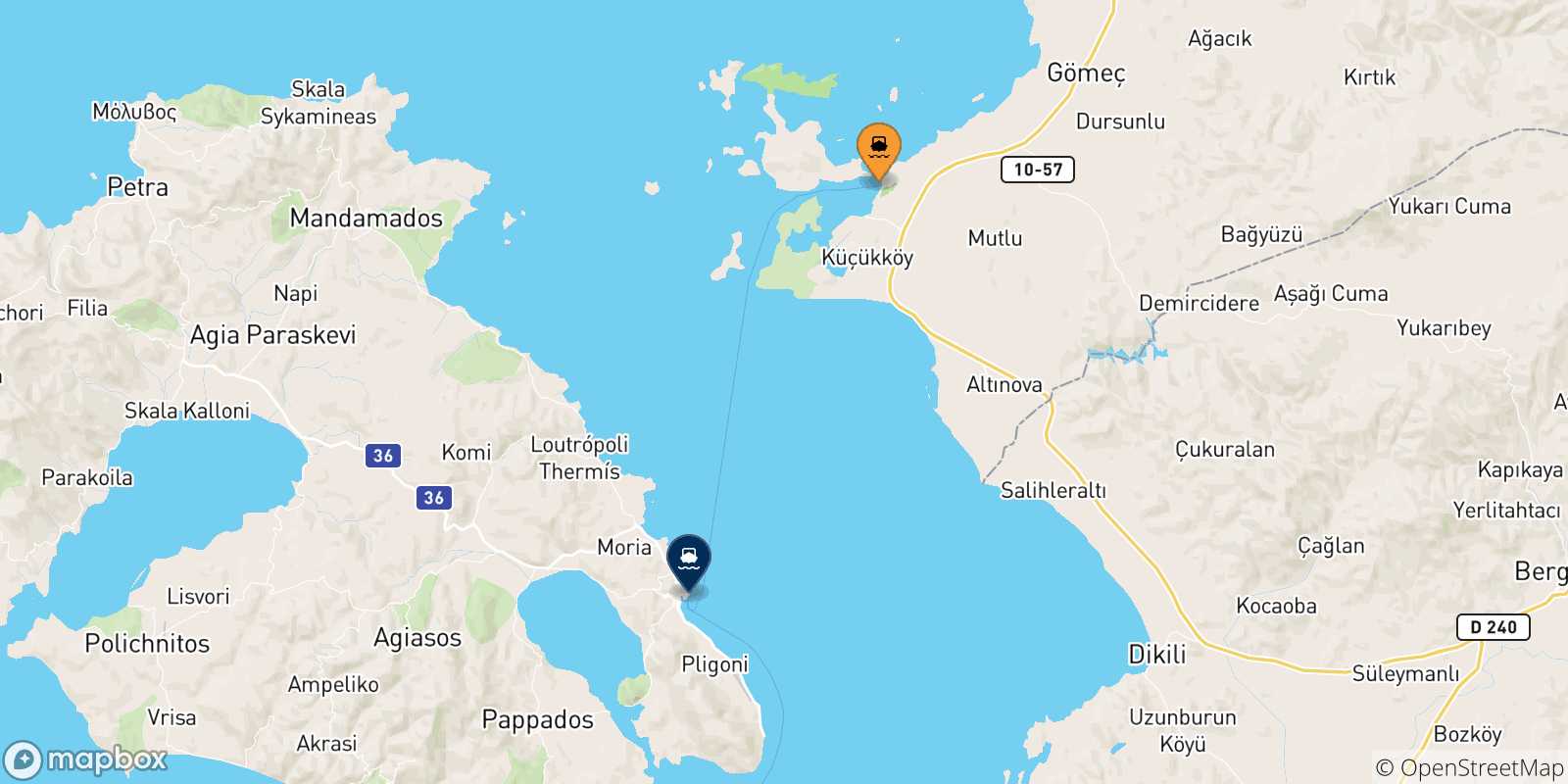 Carte des traversées possibles entre Ayvalik et la Grèce