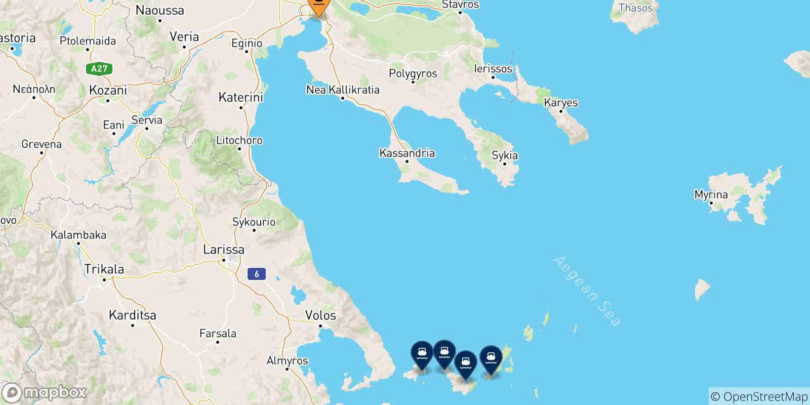 Carte des traversées possibles entre Thessalonique et les Îles Sporades