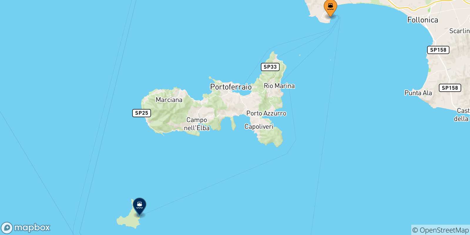 Carte des traversées possibles entre Piombino et l'Île De Pianosa