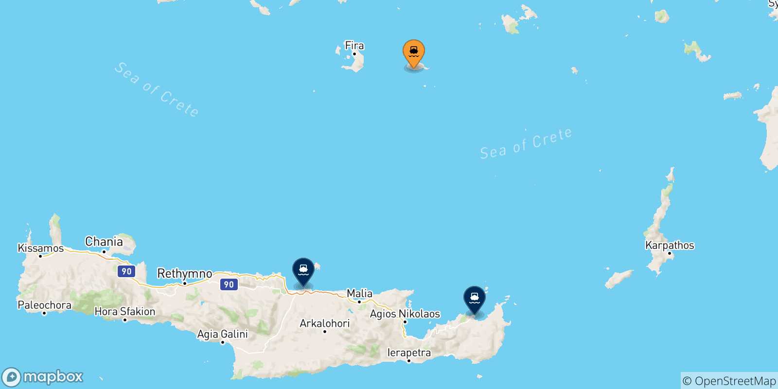 Carte des traversées possibles entre Anafi et la Crète