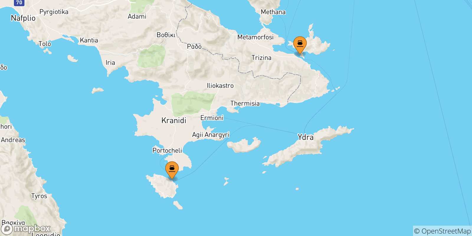 Carte des traversées possibles entre les Îles Saroniques et Hydra
