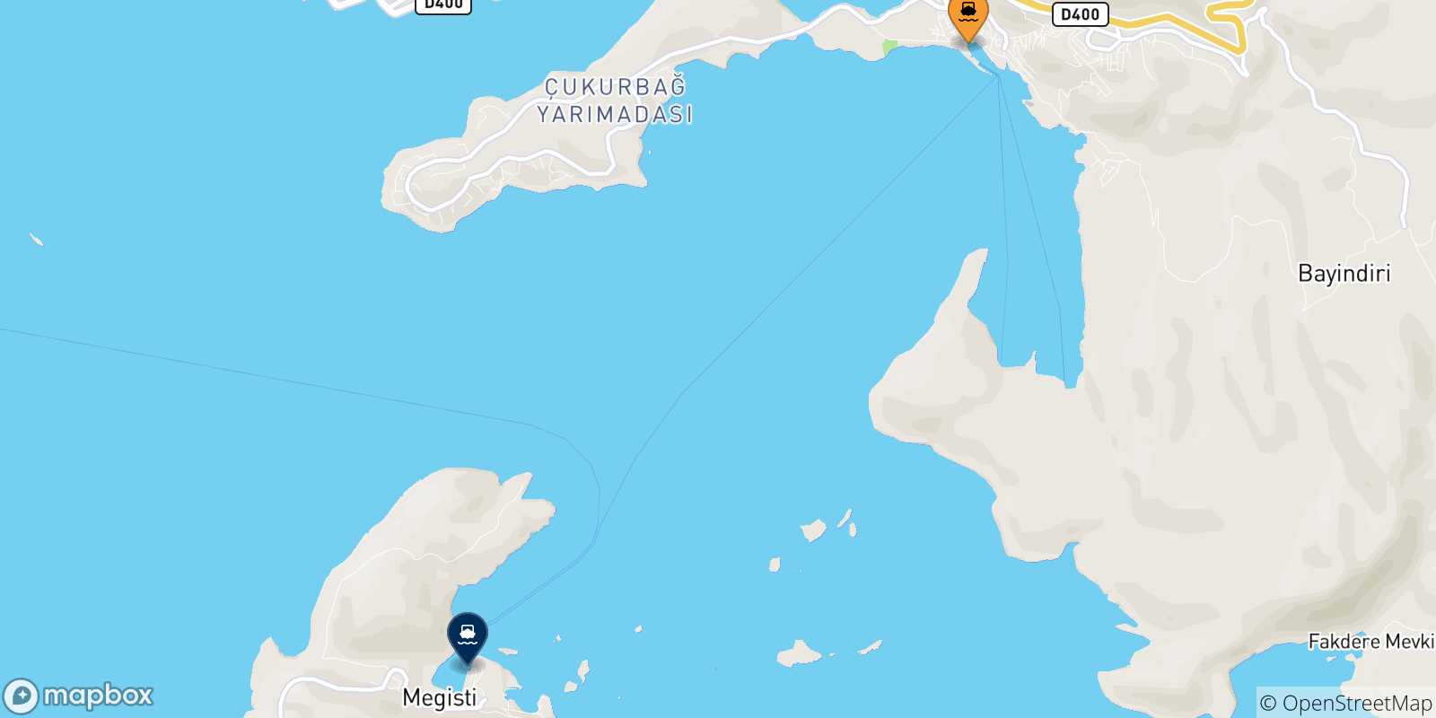 Carte des traversées possibles entre Kas et la Grèce