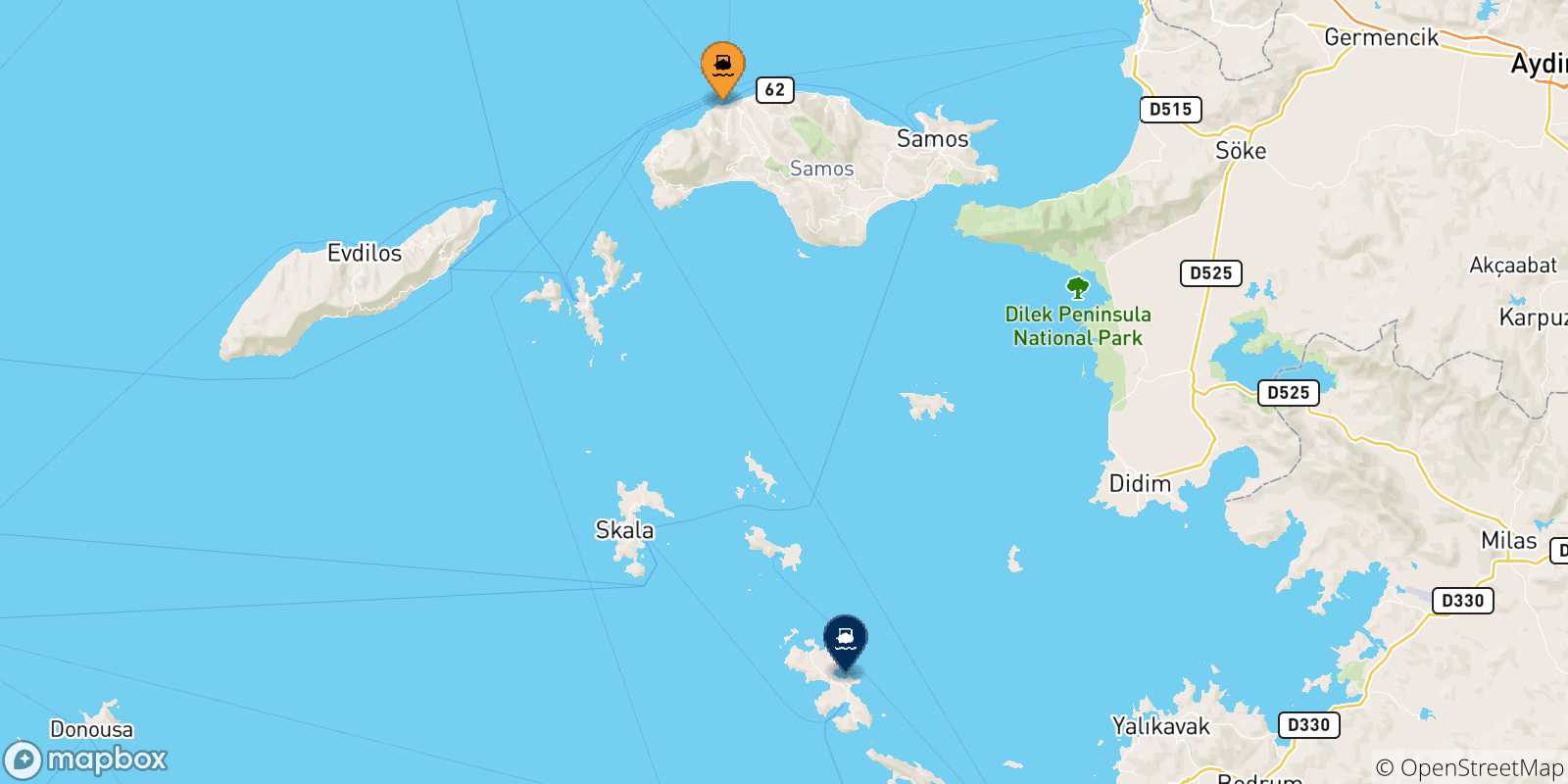 Carte des traversées possibles entre les Îles Égéennes et Agia Marina (Leros)