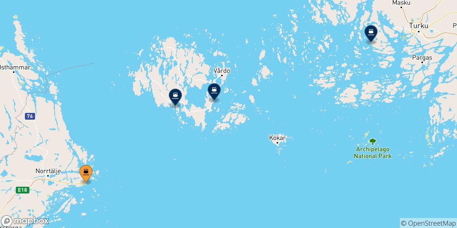 Carte des traversées possibles entre Kapellskär et la Finlande