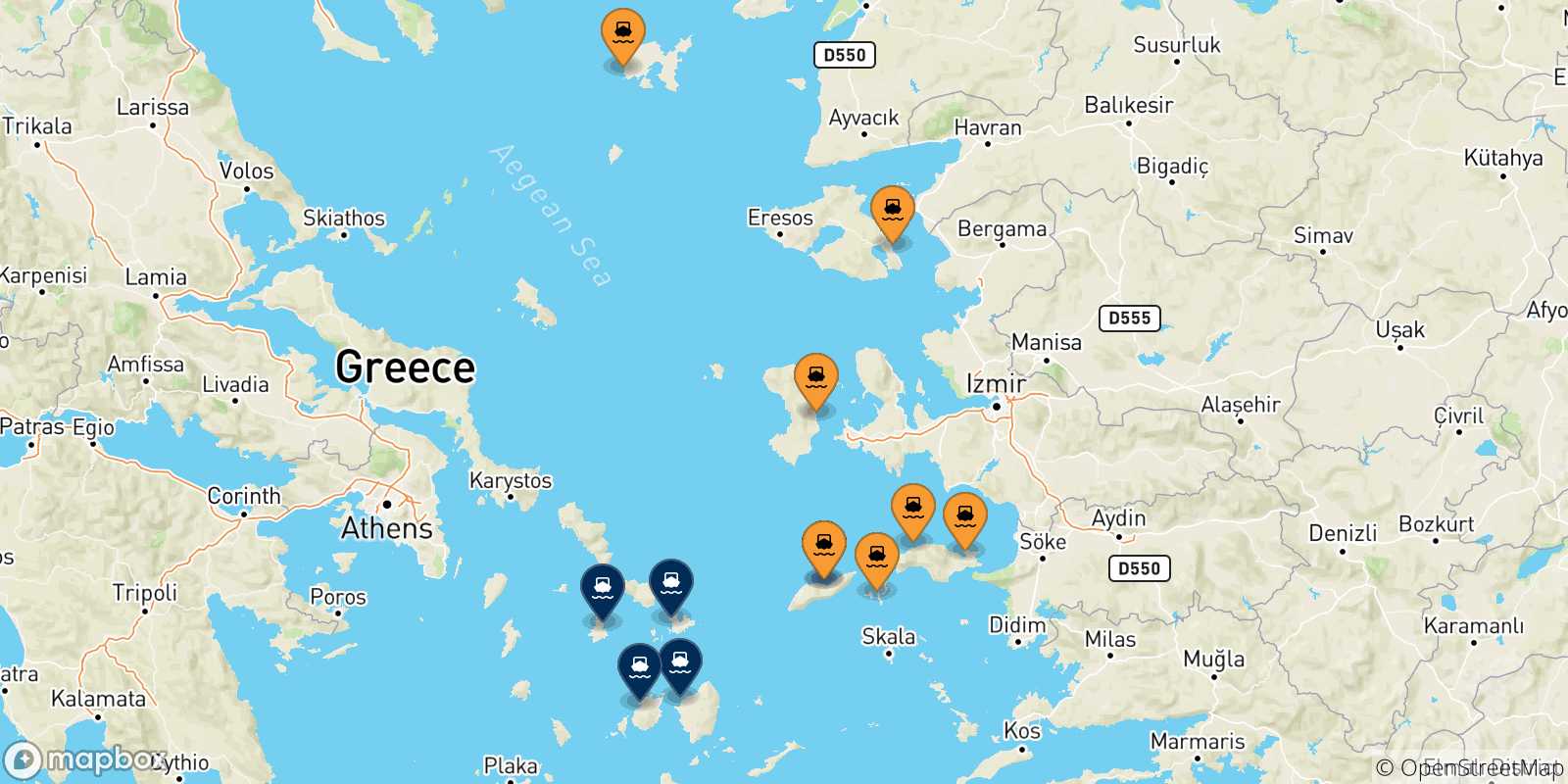 Carte des traversées possibles entre les Îles Égéennes et Îles Des Cyclades