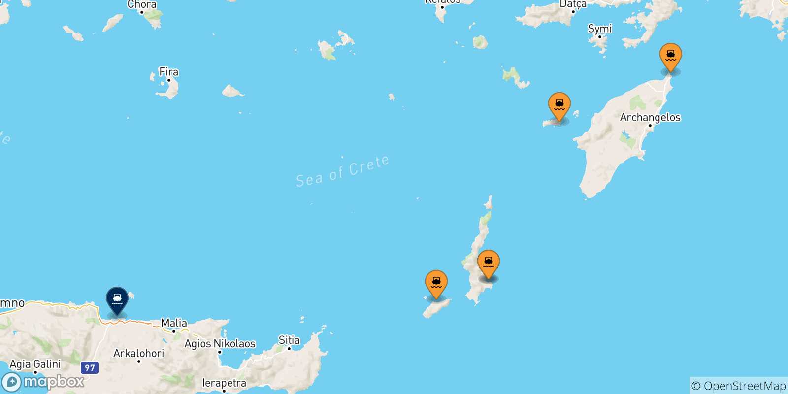 Carte des traversées possibles entre Îles Du Dodécanèse et Heraklion