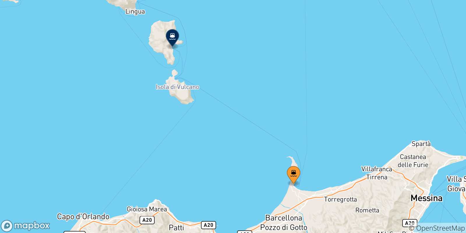 Carte des traversées possibles entre la Sicile et Lipari