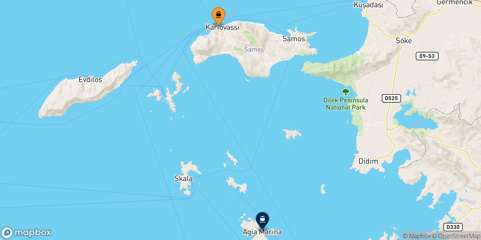 Carte des traverséesPythagorio (Samos) Leros
