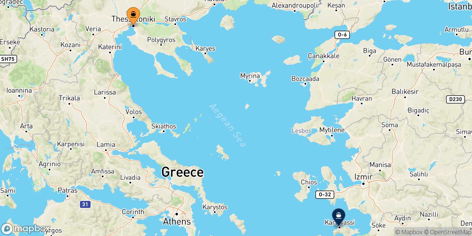 Carte des traverséesThessalonique Karlovassi (Samos)