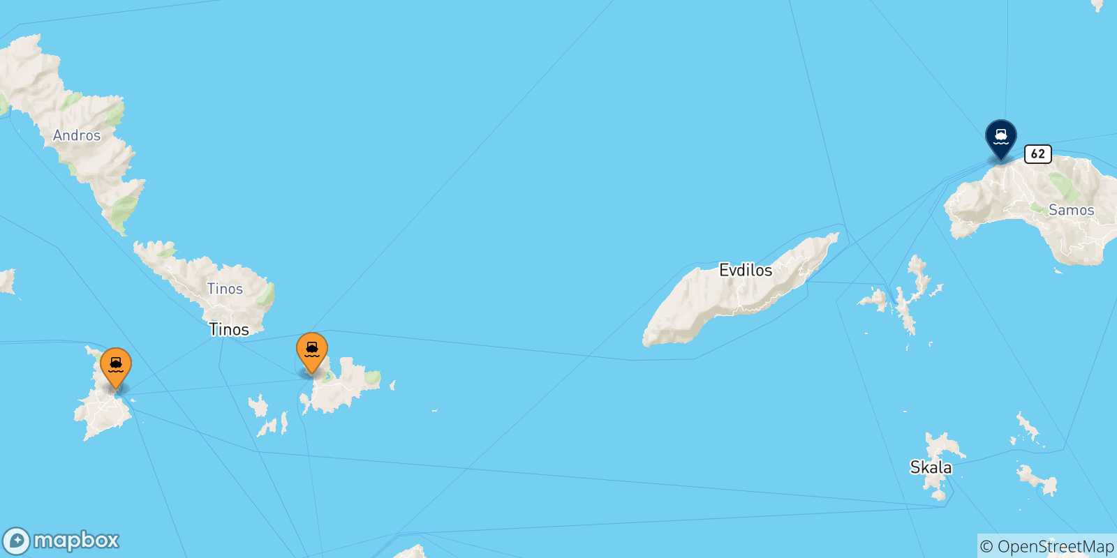 Carte des traversées possibles entre Îles Des Cyclades et Karlovassi (Samos)