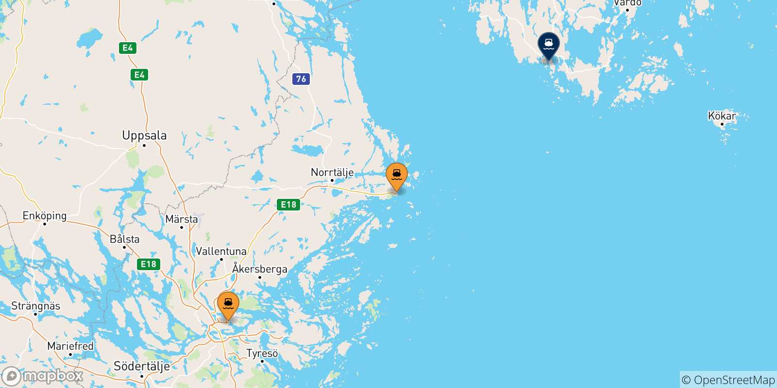 Carte des traversées possibles entre la Suède et Mariehamn