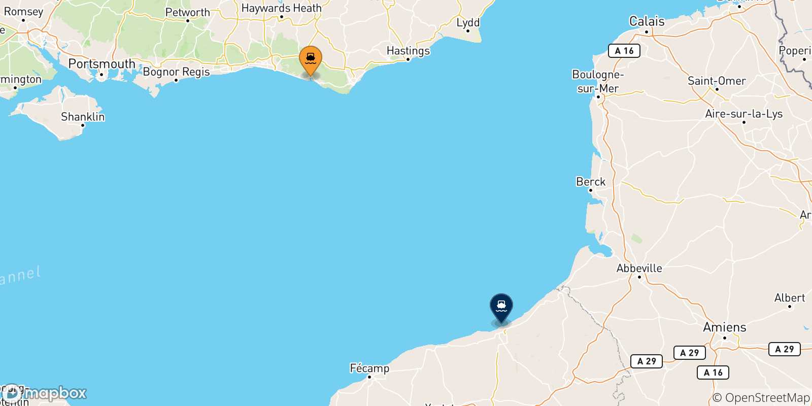 Carte des traversées possibles entre le Royaume-uni et Dieppe