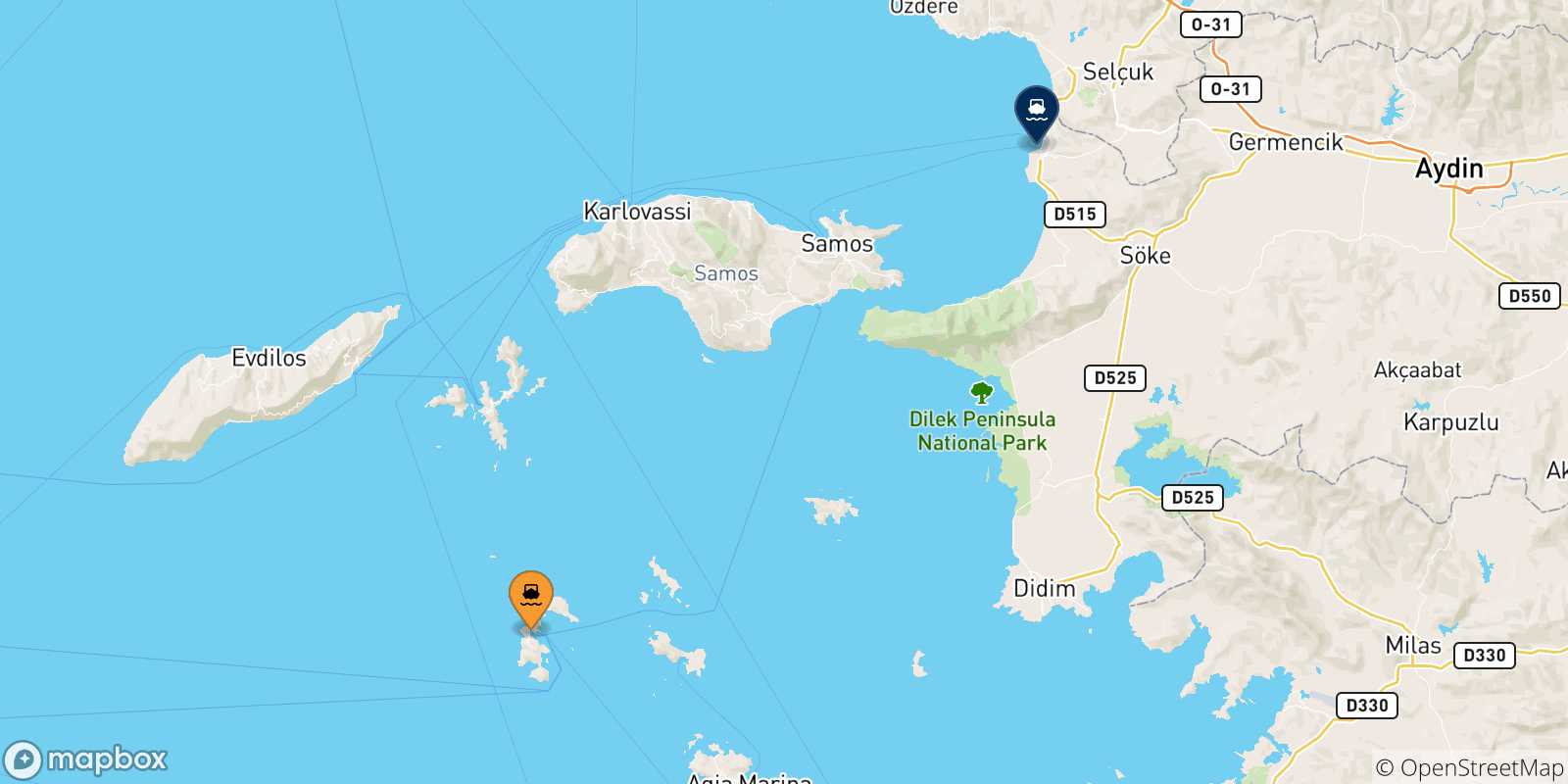 Carte des traversées possibles entre Îles Du Dodécanèse et Kusadasi