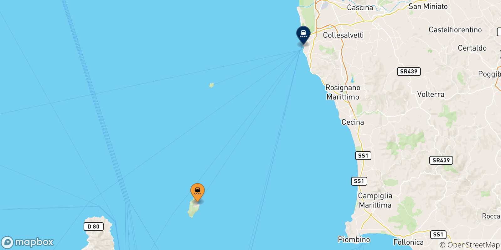 Carte des traversées possibles entre l'Île De Capraia et l'Italie