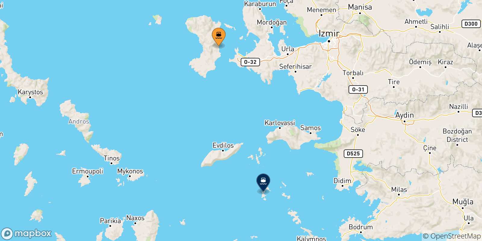 Carte des traversées possibles entre Chios et Îles Du Dodécanèse