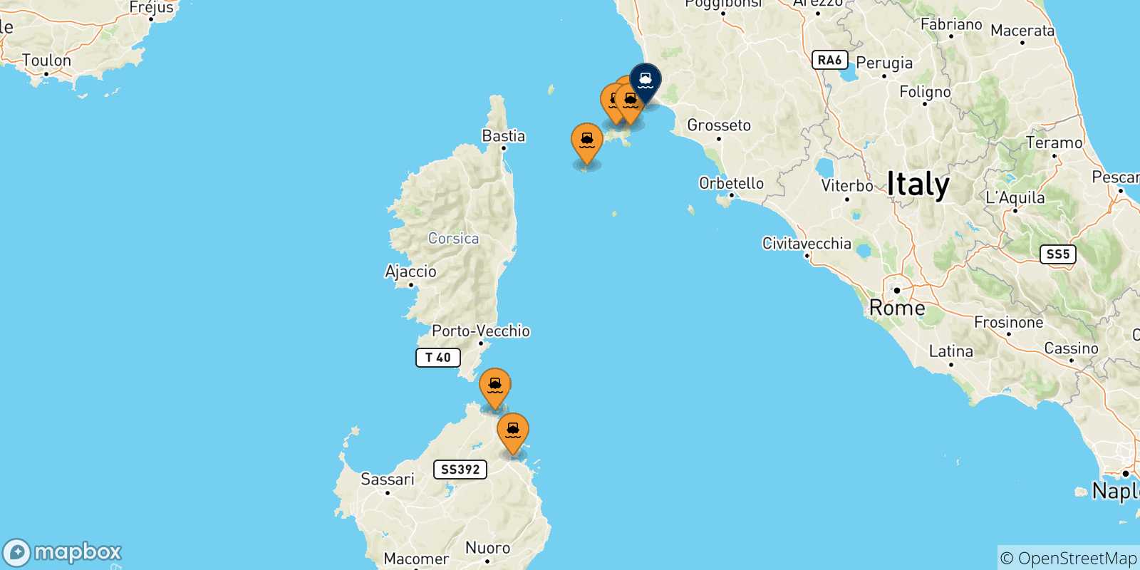 Carte des traversées possibles entre l'Italie et Piombino
