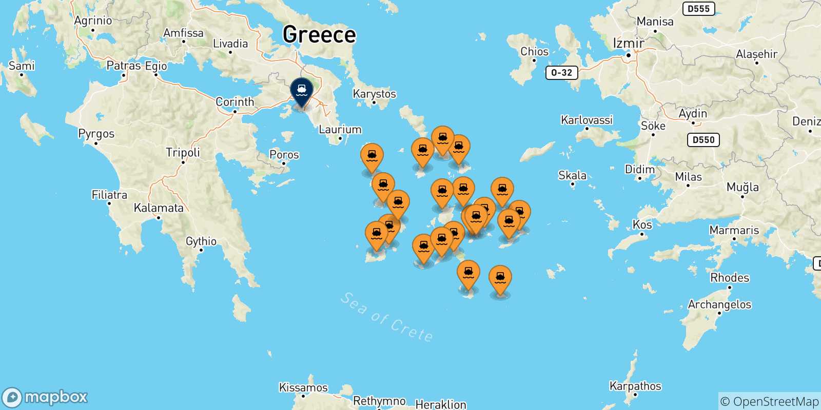 Carte des traversées possibles entre Îles Des Cyclades et Le Piree
