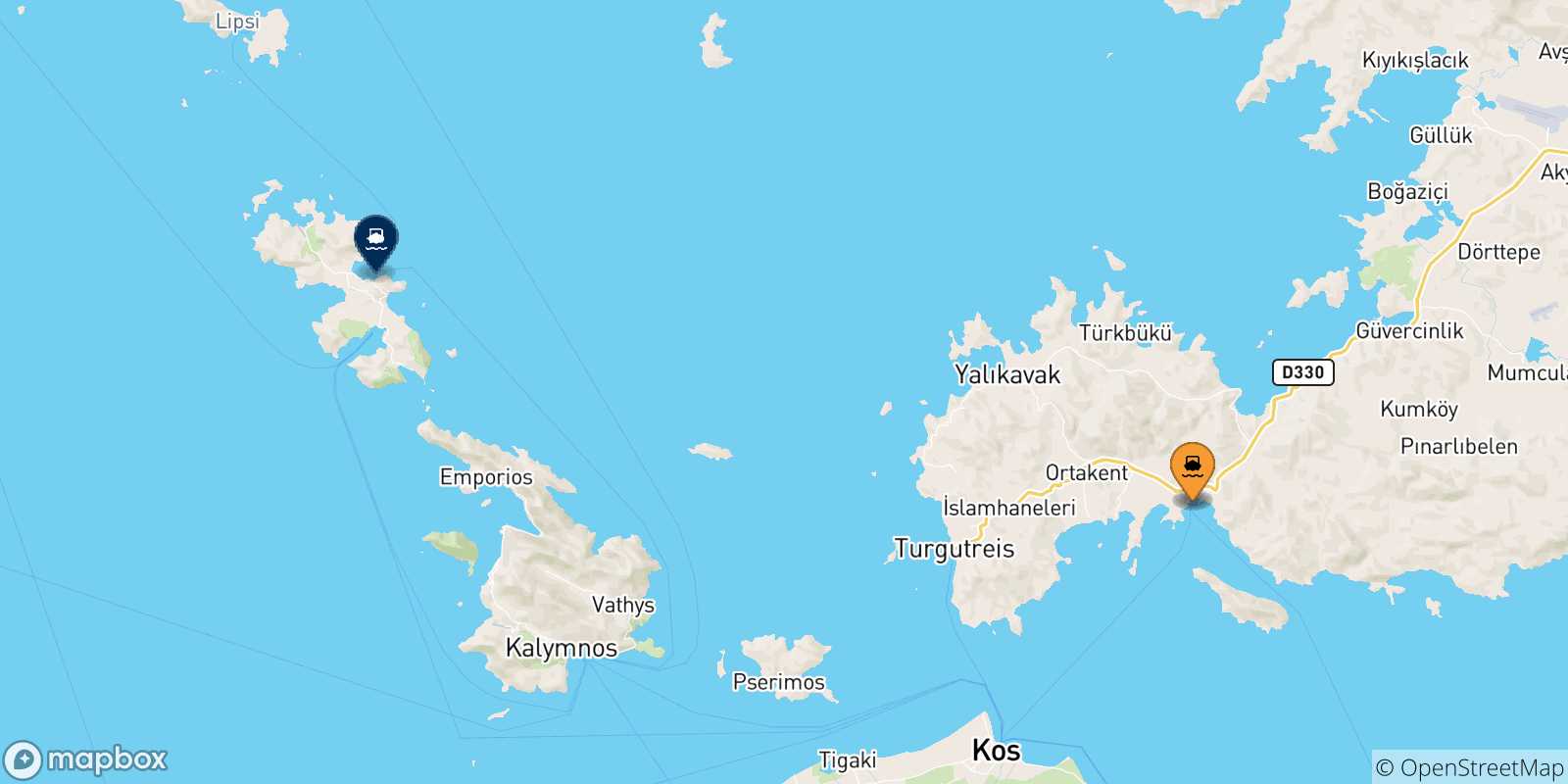 Carte des traversées possibles entre la Turquie et Leros
