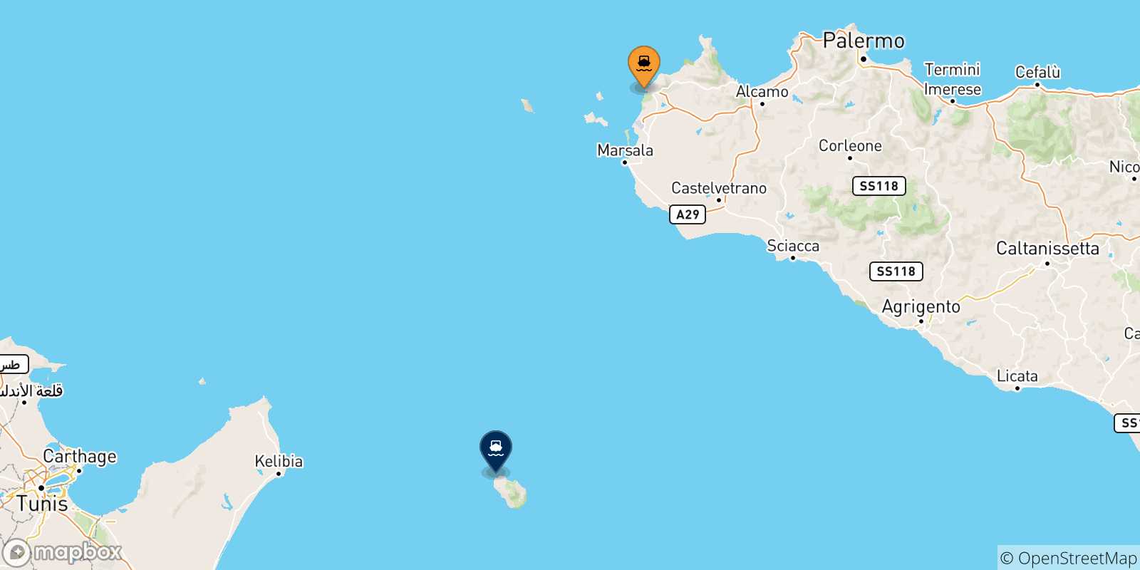 Carte des traversées possibles entre l'Italie et l'Île De Pantelleria