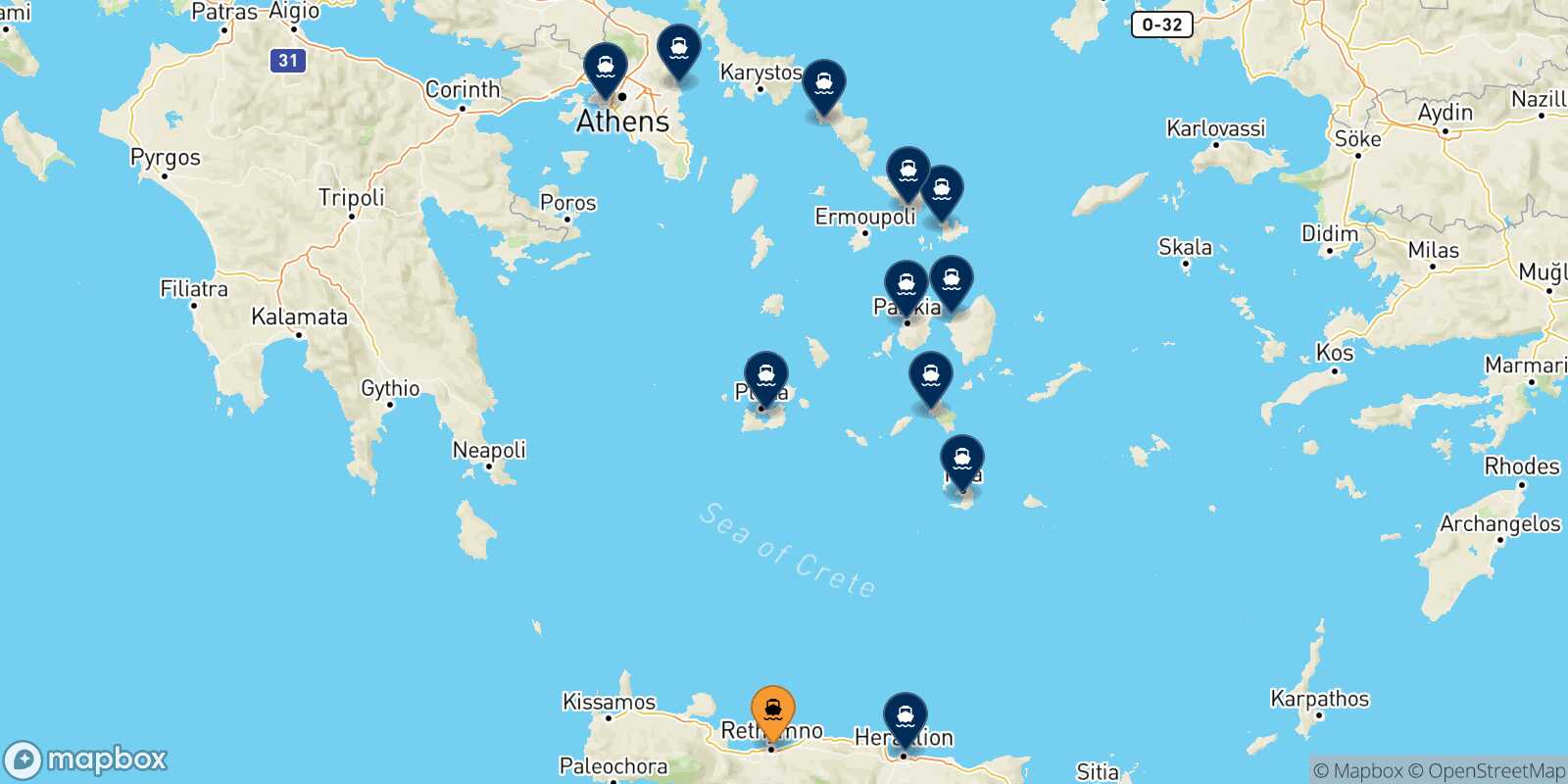 Carte des destinations de Rethymnon