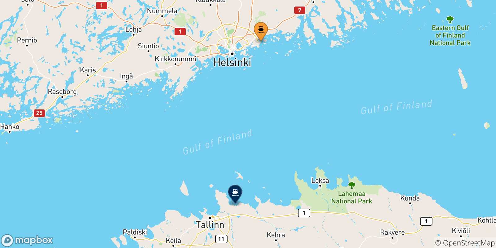 Carte des traversées possibles entre Vuosaari et l'Estonie