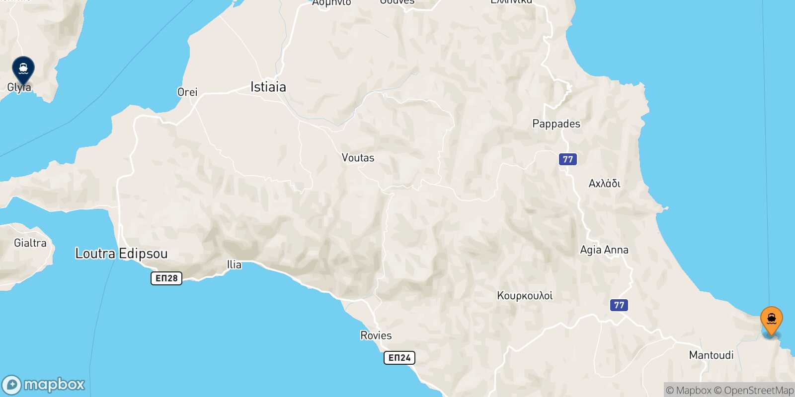 Carte des traverséesMantoudi (Evia) Glyfa