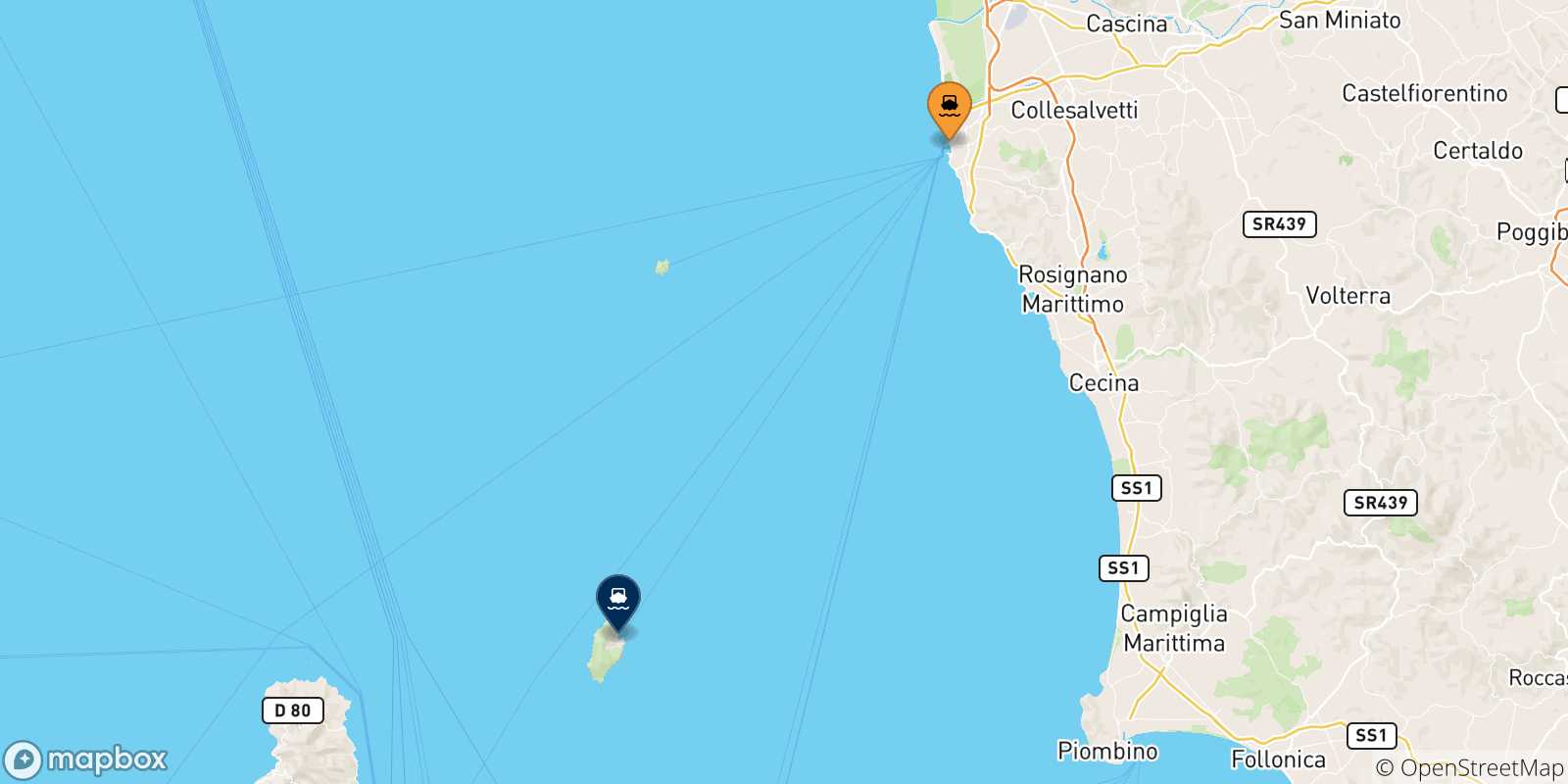 Carte des traversées possibles entre Livourne et l'Île De Capraia