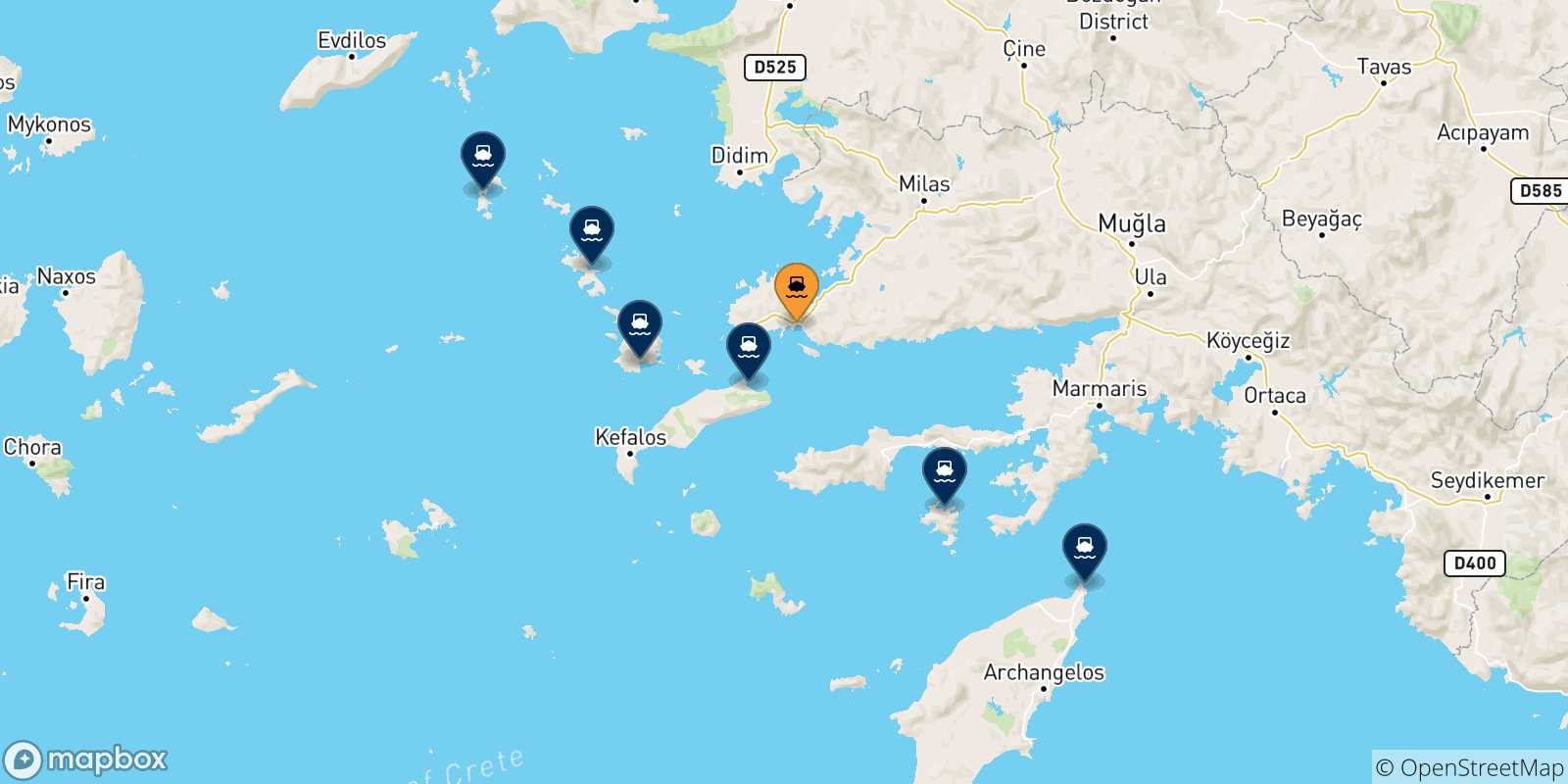 Carte des traversées possibles entre Bodrum et Îles Du Dodécanèse