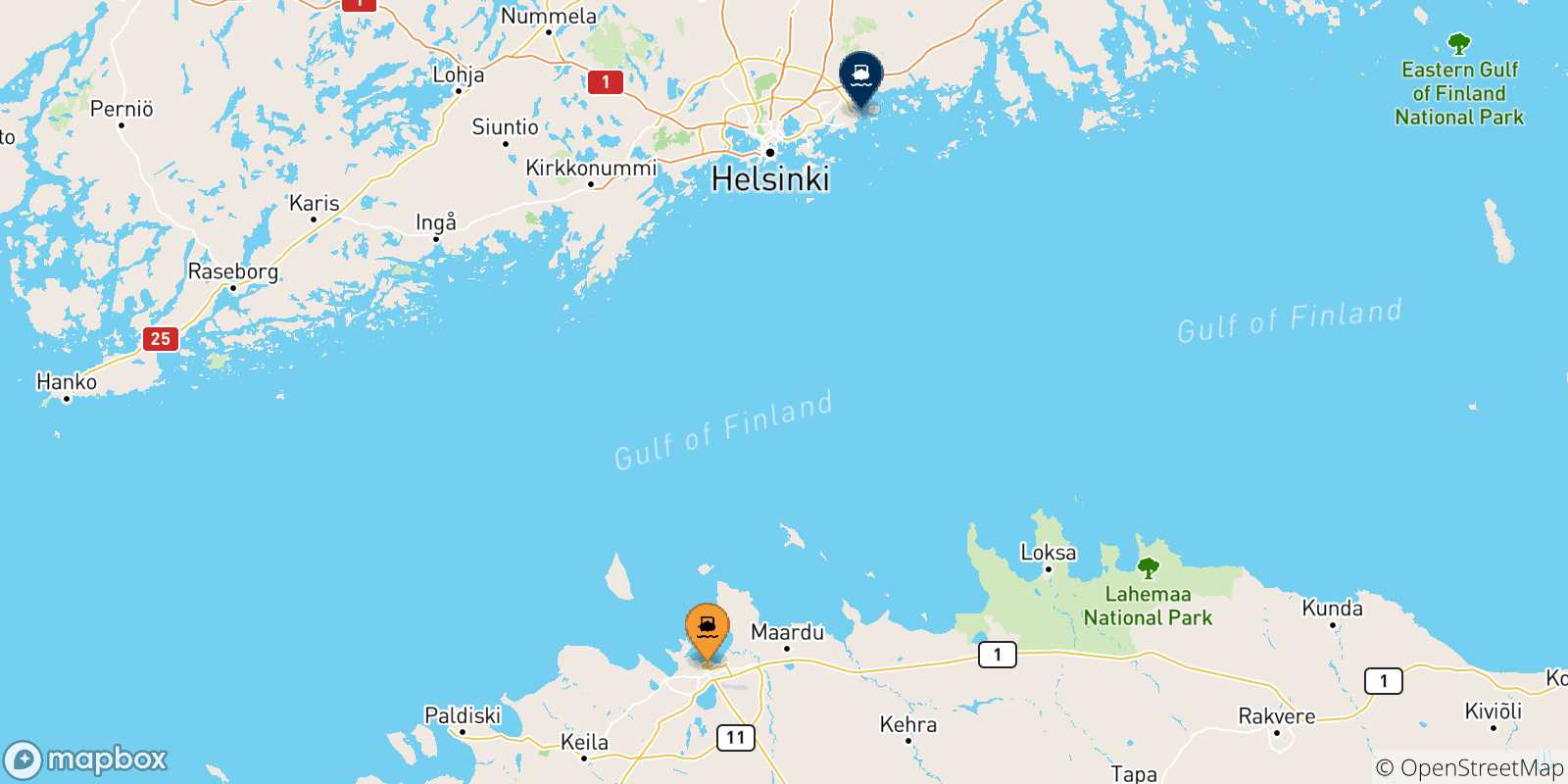 Carte des traversées possibles entre l'Estonie et Helsinki