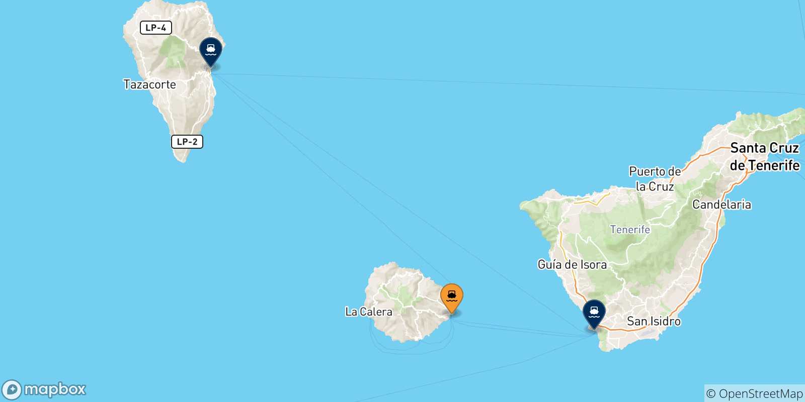 Carte des traversées possibles entre San Sebastian De La Gomera et l'Espagne