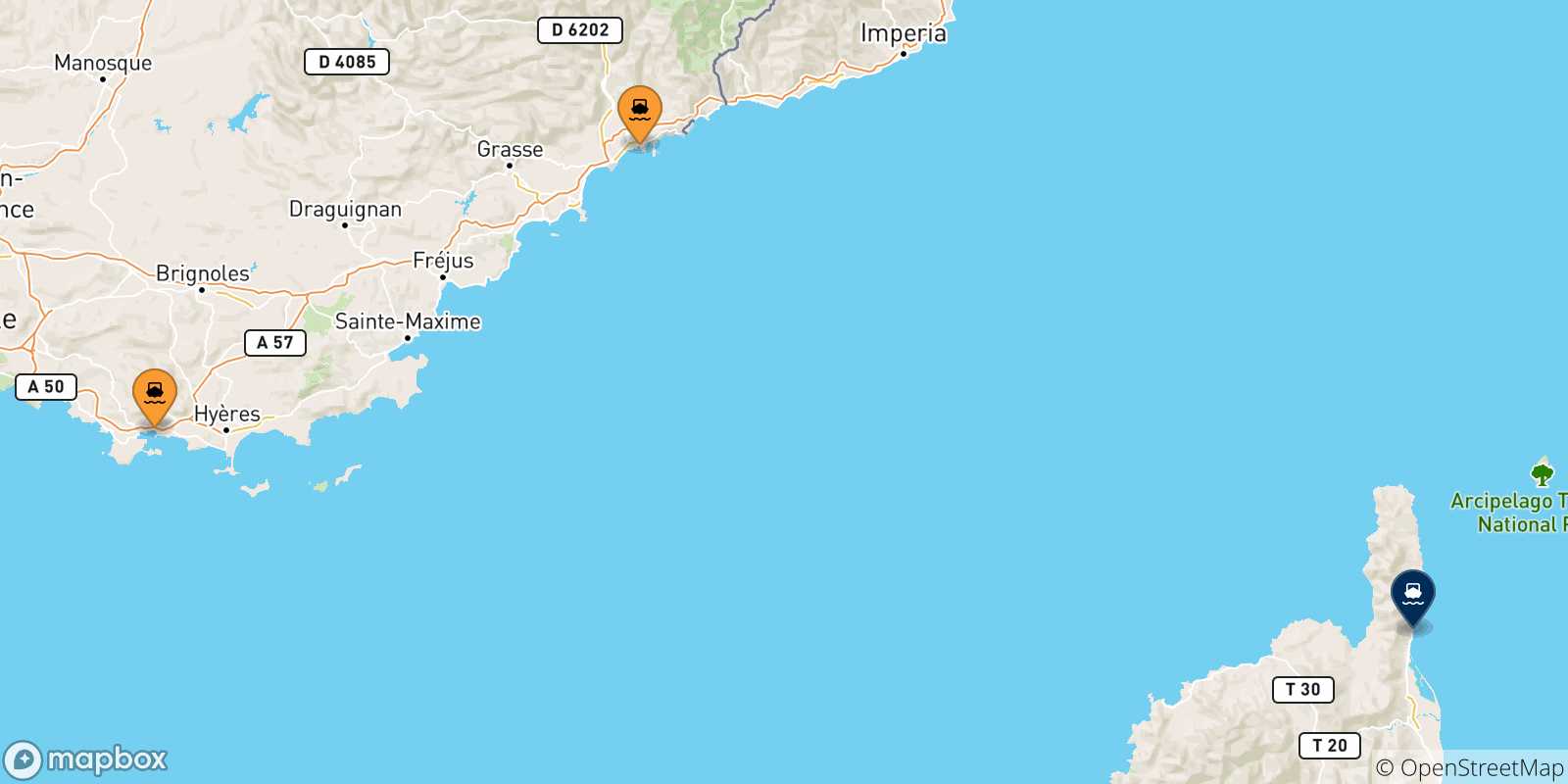 Carte des traversées possibles entre la France et Bastia
