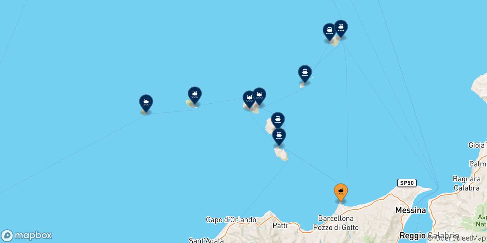 Carte des traversées possibles entre Milazzo et les Îles Éoliennes