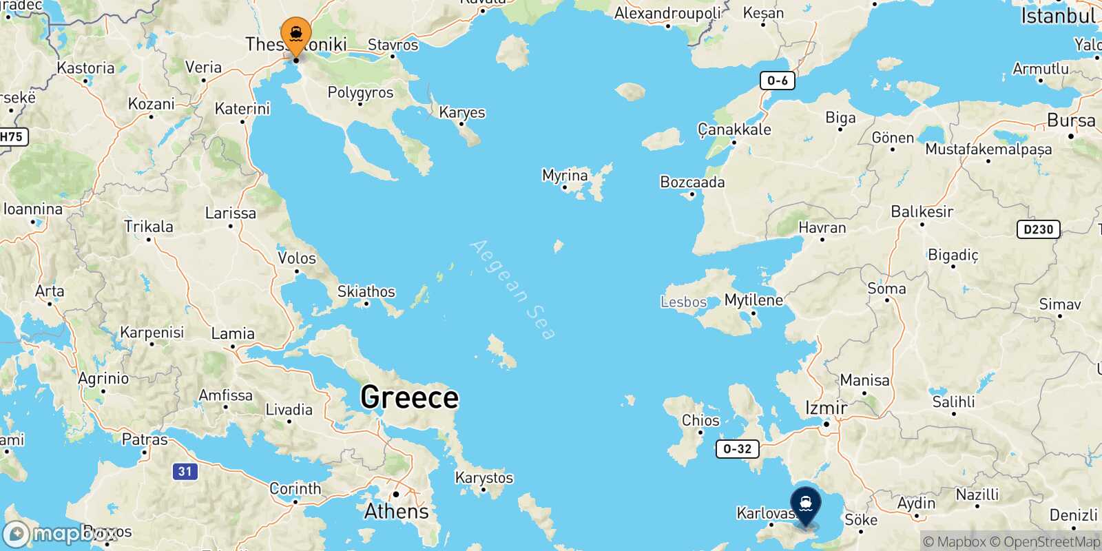 Carte des traverséesThessalonique Vathi (Samos)