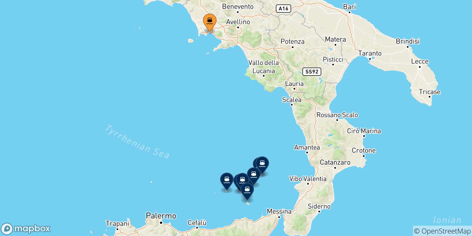 Carte des traversées possibles entre Naples et les Îles Éoliennes