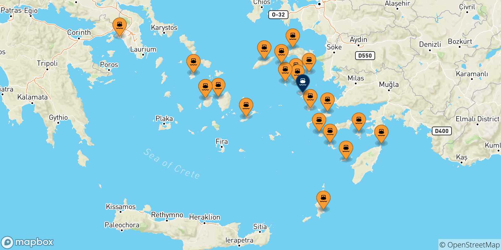 Carte des traversées possibles entre la Grèce et Leros